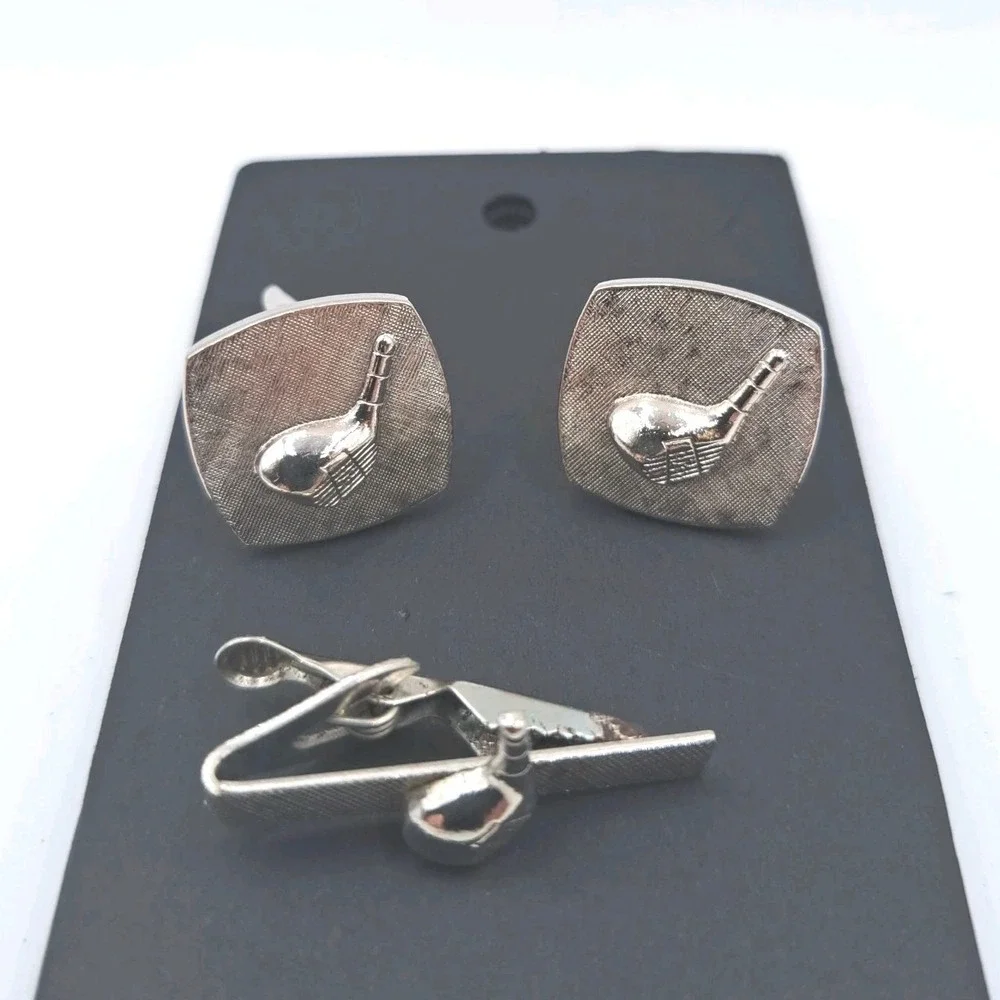 Vintage Silver Tone Golf Tie Clip and Cufflinks Set